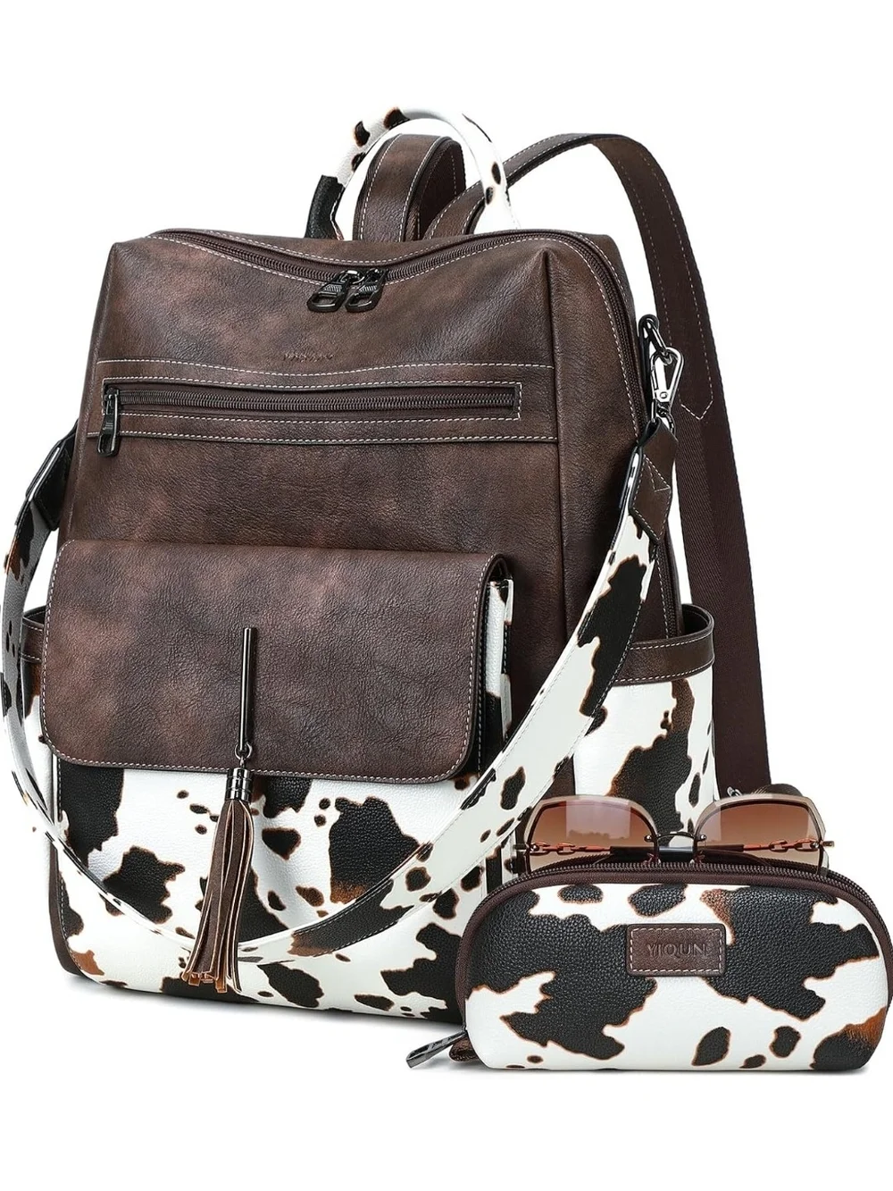 Brown Leather Backpack with Cowhide Print Accent